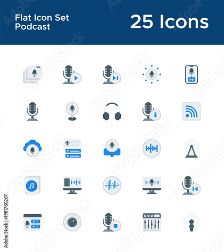 Audio show flat icons for media dashboard UI. Voice content and broadcasting illustrations