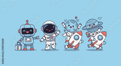 Cute Cartoon Characters in Space with Rocket and Planets.