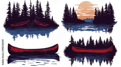 Four scenes of red canoes on lakes, among trees, with a vintage, graphical style
