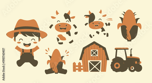 Happy farmer with cows, corn, barn, and tractor illustration.