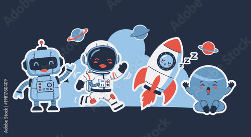 Cute Cartoon Astronauts, Robot, Rocket, and Alien in Space.