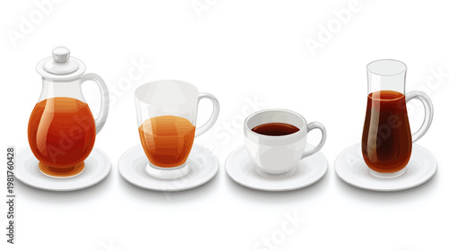 Digital drawing of 4 beverages in clear and white containers, all on white plates