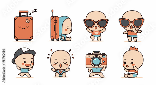Cute Cartoon Characters in Various Poses and Actions, Expressing Emotions.