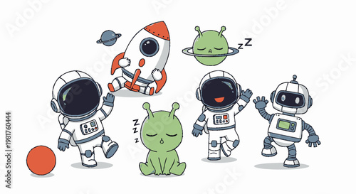 Cute Cartoon Astronauts, Rocket, Alien, and Planet Illustrations.