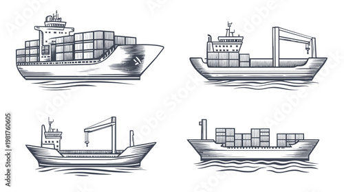 Four hand-drawn-style ships laden with containers sailing on stylized wavy seas