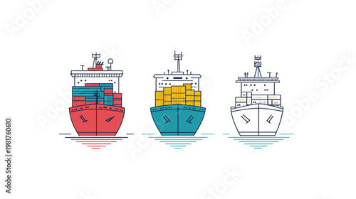Stylized illustration of three cargo ships facing forward on the water in vivid colors