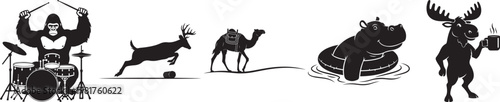 Funny animal silhouettes collection, gorilla playing drums and hippo in inner tube, moose drinking coffee and camel in desert vector set