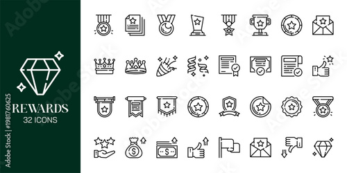Reward and Loyalty Icon Set with Trophy, Badge, Coupon, Medal and Achievement Symbols Vector Collection