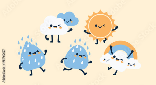 Cheerful weather elements smiling and dancing happily on a light background.