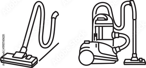 Detailed line art icons illustrating essential home cleaning equipment, featuring different styles of vacuum cleaners and their practical accessories for effective household maintenance