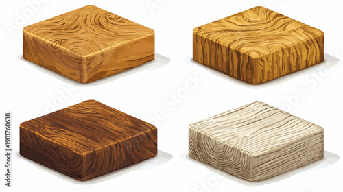 Four isometric wooden blocks with different grain patterns and colors on a white background