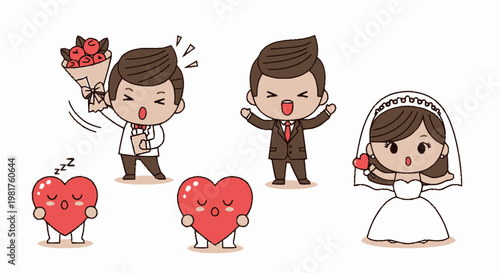 Cute Cartoon Wedding Couple Bride And Groom Characters.