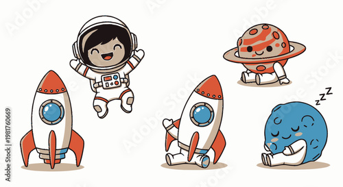 Cute Cartoon Astronauts, Rockets, and Planets in Outer Space.