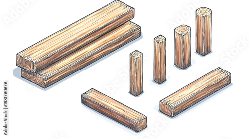 Isometric wooden planks and stakes, hand-drawn illustration with textures and soft shadows