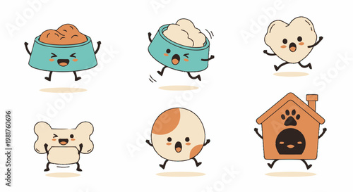 Adorable Cartoon Pet Food, Bone, and House Characters Smiling Happily.