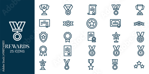 Reward and Loyalty Icon Set with Trophy, Badge, Coupon, Medal and Achievement Symbols Vector Collection