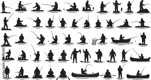Large Collection of Diverse Fishing Silhouettes Depicting Various Anglers Enjoying Their Outdoor Hobby and Recreational Activity