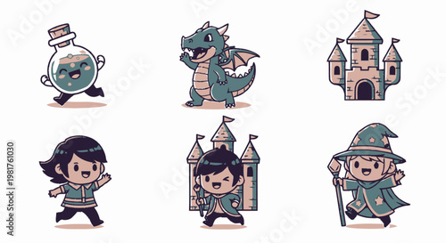 Cute Chibi Fantasy Character Sticker Set Featuring Six.