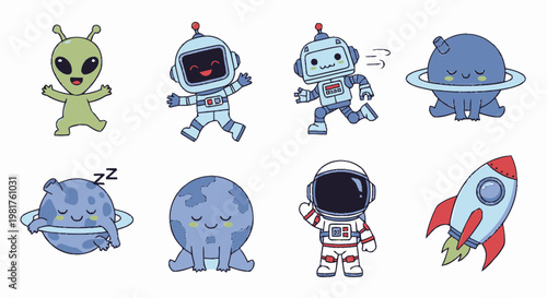 Cute Cartoon Characters of Aliens, Robots, Astronauts, and Rocket Ship.