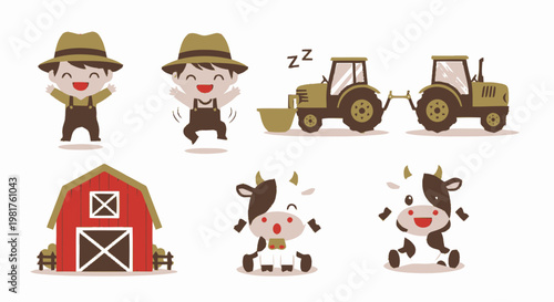 Cute cartoon farmer cows and tractor on white background.