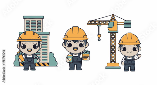 Cartoon Construction Workers and Crane on White Background.