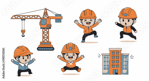 Cartoon Construction Workers and Crane with Building Illustration.