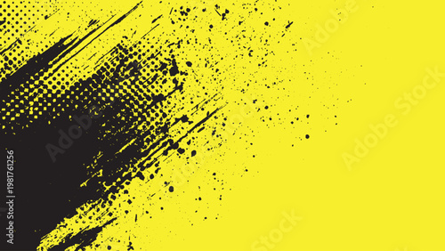 Old style black grunge texture with noisy distress overlay on yellow backdrop
