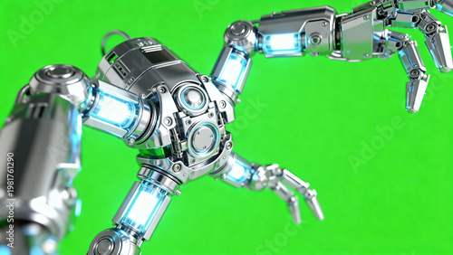 Futuristic 3D render of a microscopic medical nanobot with glowing silver limbs and metallic texture isolated on a solid bright chroma key green screen background for advanced CGI work