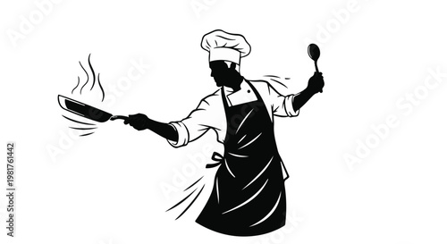 Chef silhouette holding a frying pan and a wooden spoon demonstrates culinary skills and professional cooking in a restaurant kitchen environment perfect for food industry marketing materials.