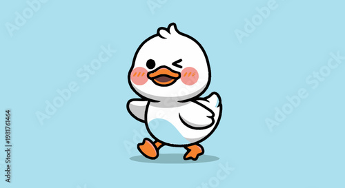 Charming Cartoon Duckling Winking and Walking on Blue Background.