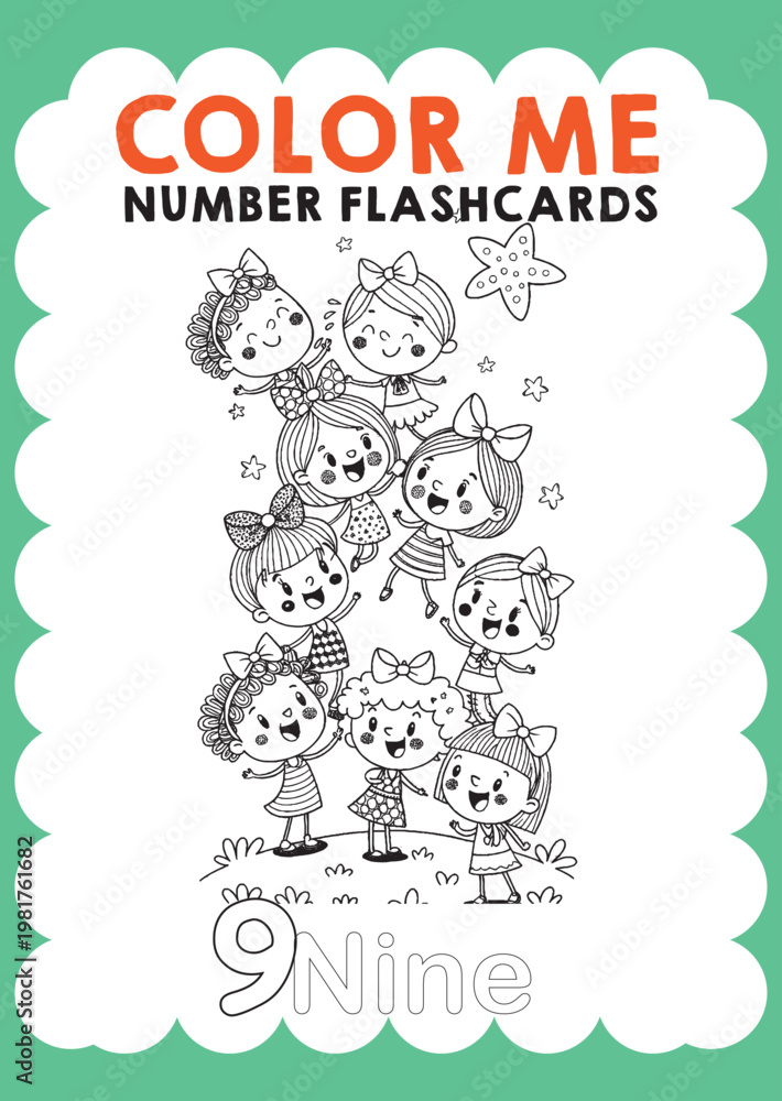 Fototapeta premium Color me number flashcards vector counting ten girls kids number kids kindergarten color maths activity worksheet