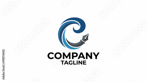 This creative logo blends a fountain pen with an ocean wave, symbolizing creativity and fluidity in writing, suitable for a publishing or writing service brand.
