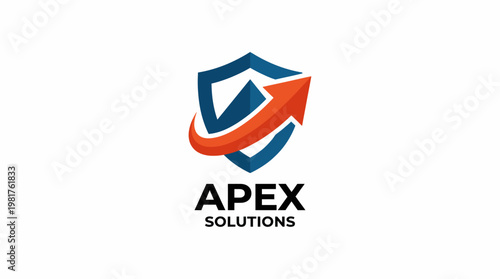 A professional logo design featuring a shield and upward arrow, symbolizing security and growth, suitable for Apex Solutions in a vibrant and modern aesthetic for business empowerment.
