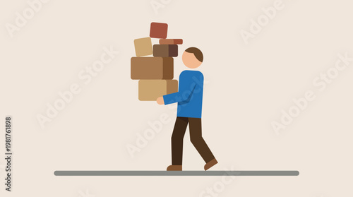 A minimalist illustration of a man carrying stacked boxes, representing the theme of hard work, persistence, and determination in achieving goals through effort and organization.