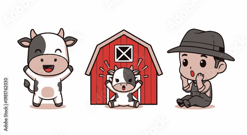 Cute Cartoon Cow and Farmer with Barnyard Illustration for Children.