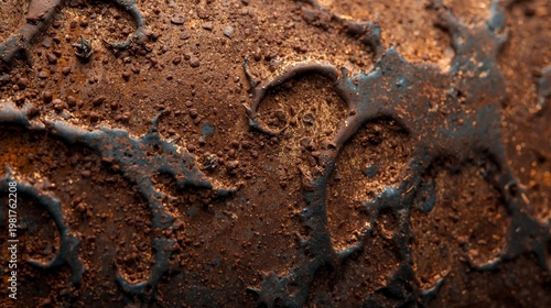 Old rusty iron chain and rings with a horseshoe hanging on a wall by the sea, antique horse tether, worms and earth stains, coffee-toned metal with gems