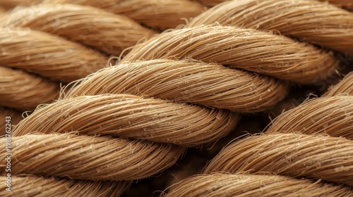 Macro close-up of an isolated twisted old rope cordel, rough textured fiber cable with knot, abstract white and coffee-brown cord used in a boat, strong woven strands