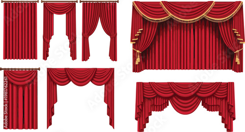 Elegant Red Curtain Vector Set with Drapes, Valances, and Golden Tassels for Theater, Stage, and Interior Decoration Design