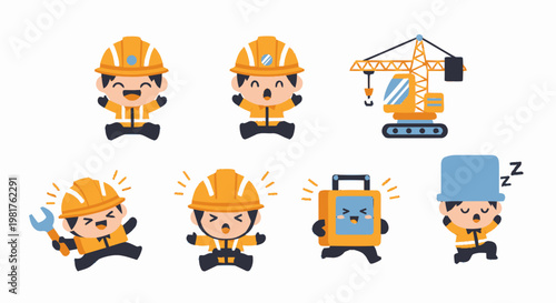 Cheerful Construction Workers and Equipment in Cartoon Style.