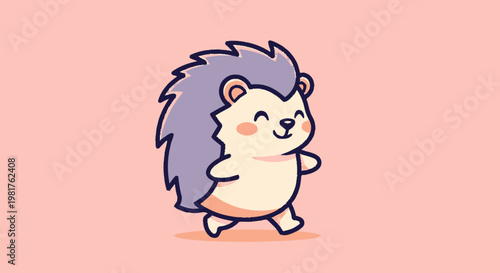 Charming Cartoon Hedgehog Walking Happily on a Light Pink Background.
