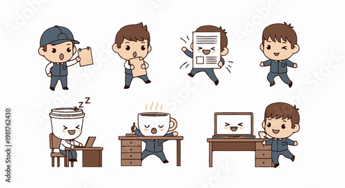 Cute Cartoon Office Workers Performing Various Tasks in Illustration.