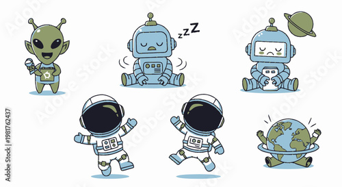 Cute Cartoon Characters - Alien, Robots, and Astronauts in Playful Poses.