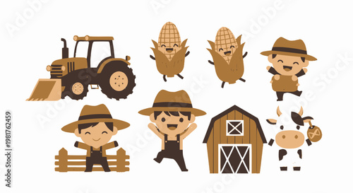 Cheerful Farm Characters and Elements in a Delightful Cartoon Illustration.