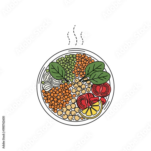 Healthy and delicious vegan bowl with fresh vegetables and grains, top view.
