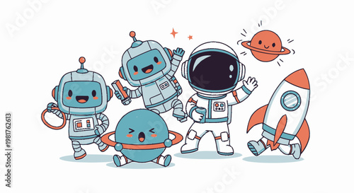 Cartoon Astronauts and Robots Exploring the Vastness of Space.