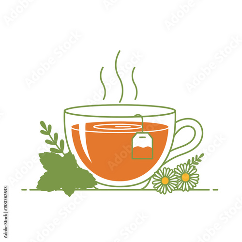 Aromatic herbal tea in a transparent glass cup with fresh herbs and flowers.