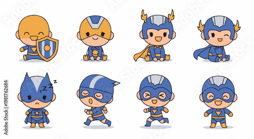 Adorable Superhero Characters in Various Poses and Costumes.