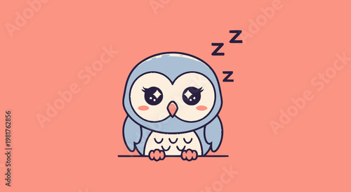 Cute Cartoon Owl Sleeping Peacefully with Closed Eyes on Pink Background.