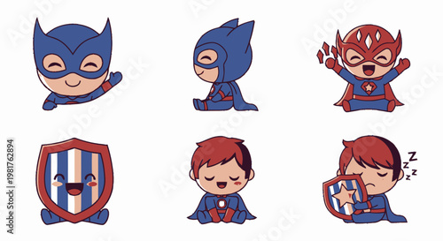 Adorable Superhero Characters in Various Poses and Expressions.