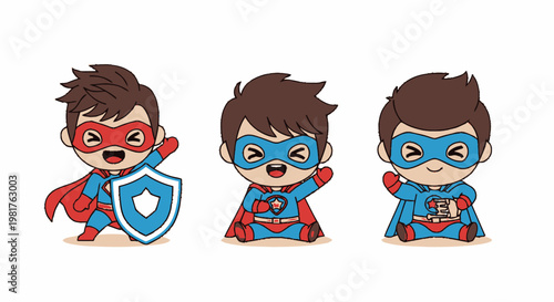 Adorable Superhero Characters Posing with Capes and Masks in Fun Illustrations.